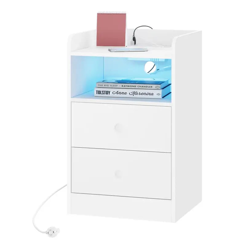 BukkitBow nachtkastje met oplaadfunctie, ingebouwde stopcontacten en USB-poorten, E1-klasse hout, 40x64x35 cm, modern design