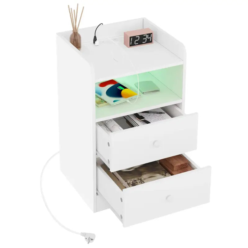 BukkitBow nachtkastje met oplaadfunctie, ingebouwde stopcontacten en USB-poorten, E1 hout, afmetingen 40x64x35 cm