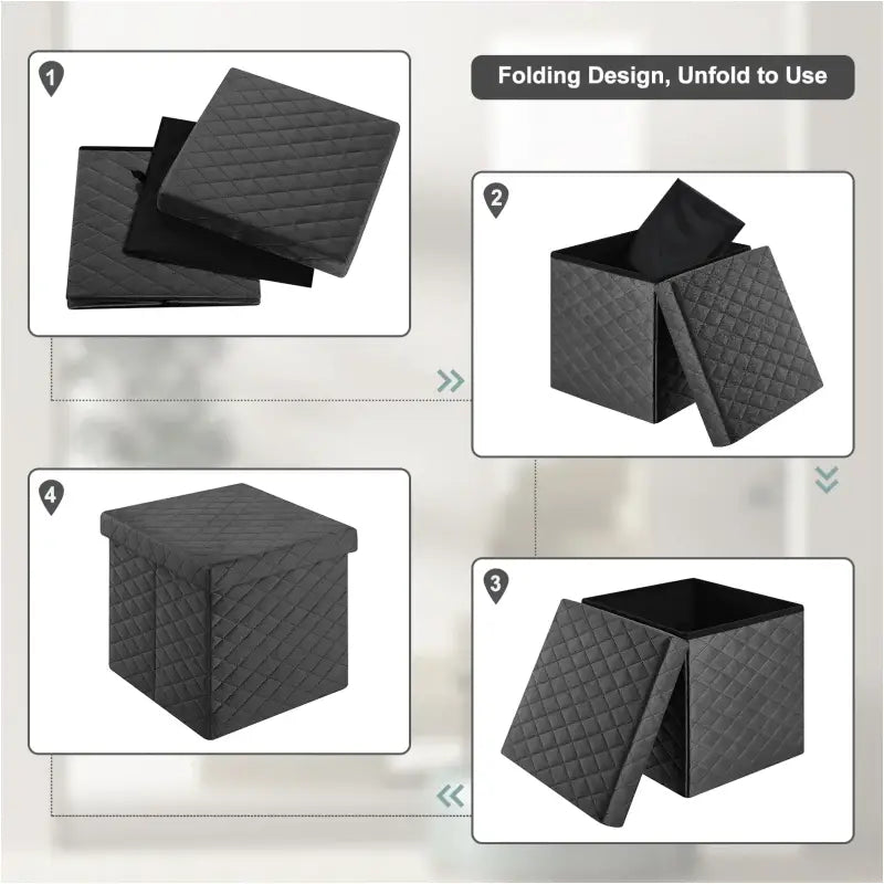BukkitBow opbergpoef met deksel, 40L capaciteit, modern design, opvouwbaar, zachte zitting, 38x38x38cm, zwart kunststof.