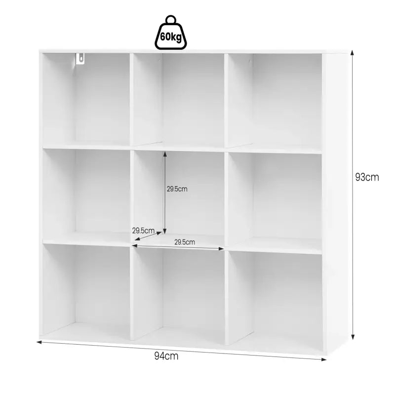 BukkitBow open boekenkast met 9 vakken, hout/melamine fineer, achterwand, ruimtebesparend en stabiel, afmetingen 94x93x29,5 cm.