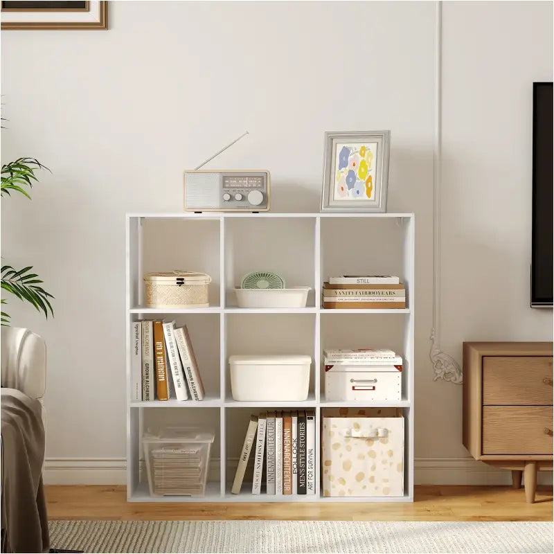 BukkitBow open boekenkast met 9 vakken, hout en melamine fineer, ruimtebesparend en stabiel, 94x93x29,5 cm
