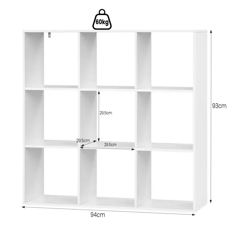 BukkitBow open boekenkast met 9 vakken in hout en melamine fineer, ruimtebesparend en stabiel, afmetingen 94x93x29,5 cm.