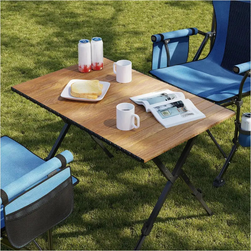 BukkitBow opvouwbare campingtafel met aluminium en kunststof, verstelbare hoogte, houtlook, draagvermogen tot 50 kg, geschikt voor kamperen