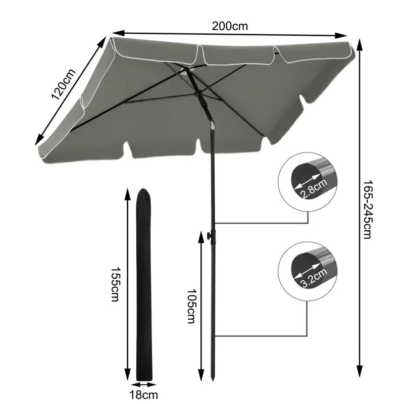 BukkitBow strandparasol UV-bestendig, 200x120 cm, waterdicht, 45° buigbaar, voor schaduw op het strand