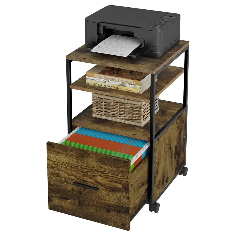 Verrijdbare BukkitBow archiefkast met 1 lade en 2 open vakken, afmetingen 40x40x66 cm, metalen rolcontainer voor kantooropslag