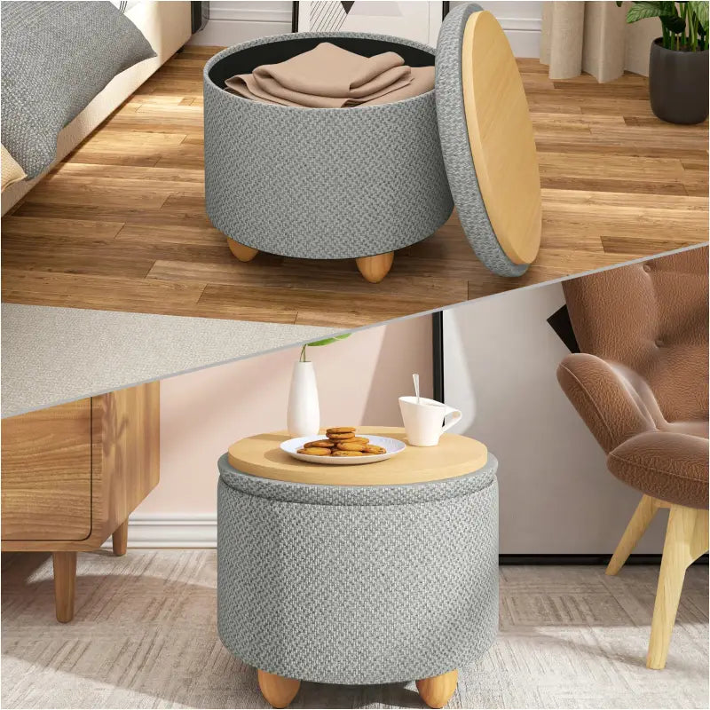 Ronde BukkitBow opbergpoef met zitkist en voetenbank, 39x39x33 cm, zacht bekleed en met opbergruimte in neutrale kleur