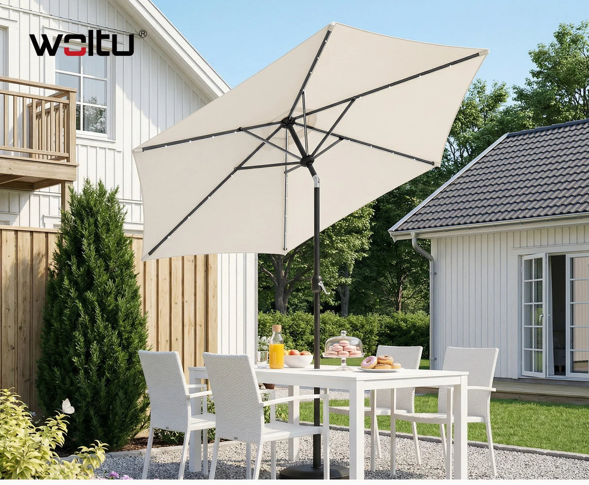 Ronde BukkitBow parasol van 300cm met solar LED-verlichting en beschermhoes, outdoor parasol voor tuin of terras