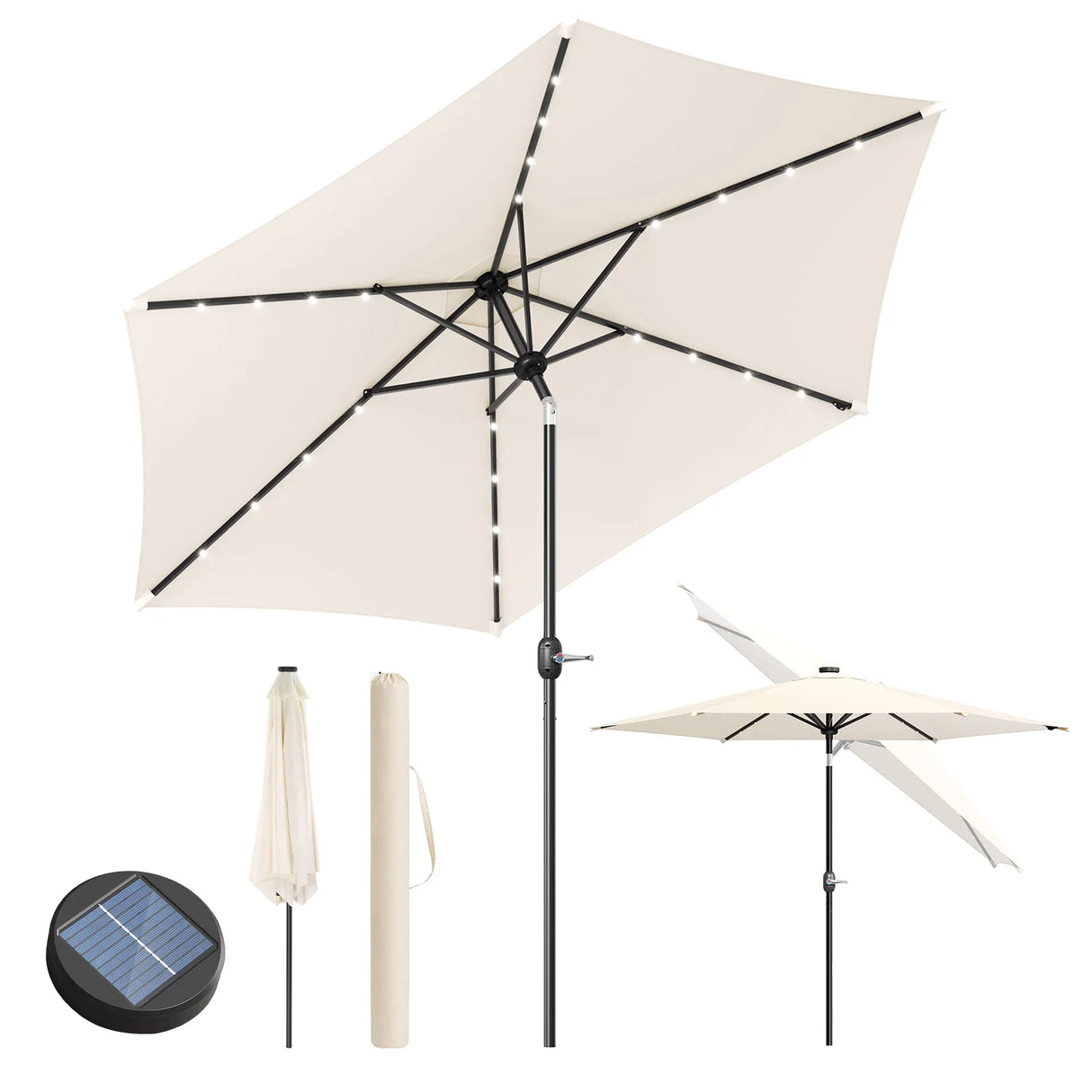 BukkitBow ronde parasol 300cm met solar LED-verlichting en beschermhoes, grote tuparasol voor buitengebruik