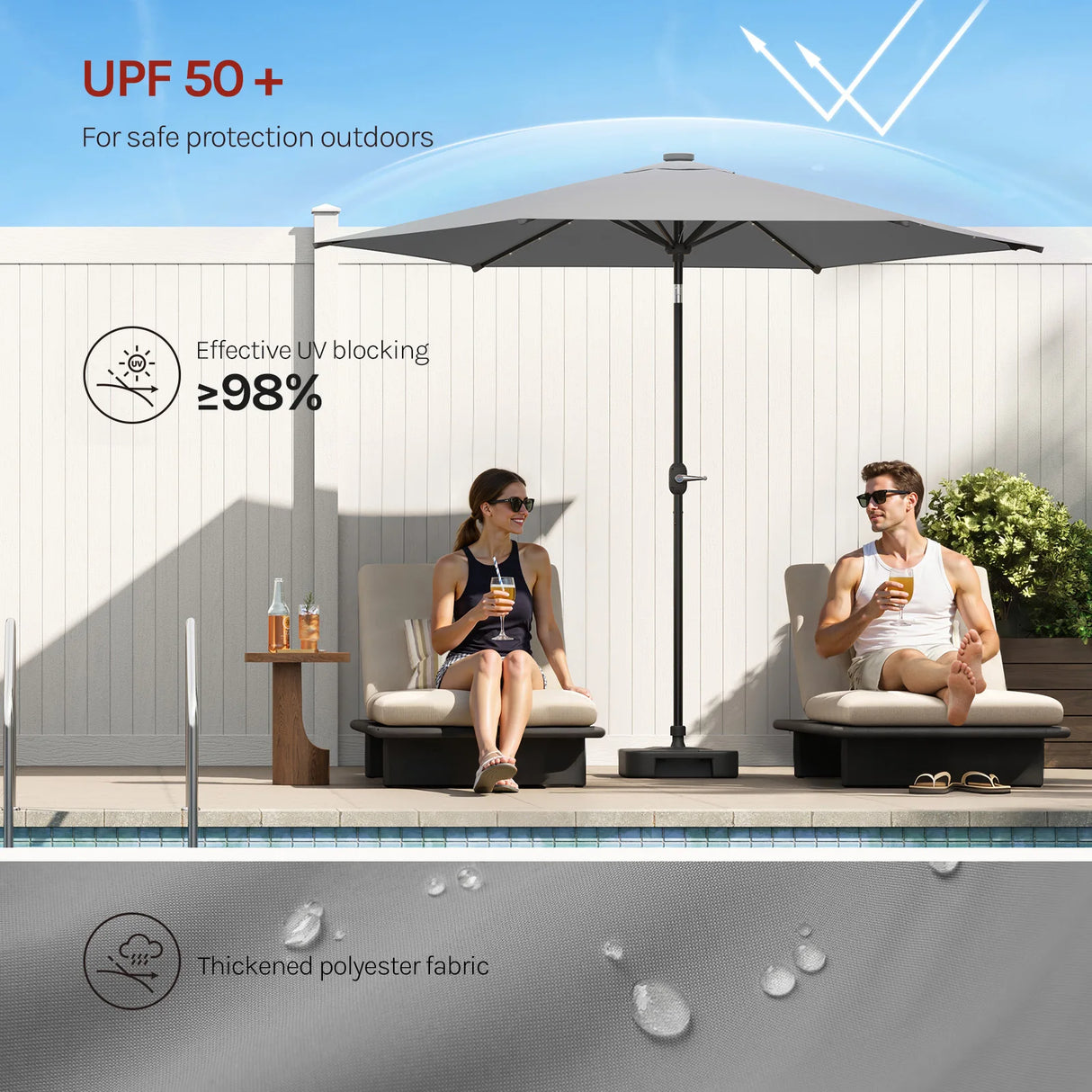 Ronde BukkitBow parasol 300cm met solar LED-verlichting en beschermhoes, geschikt voor buitengebruik.