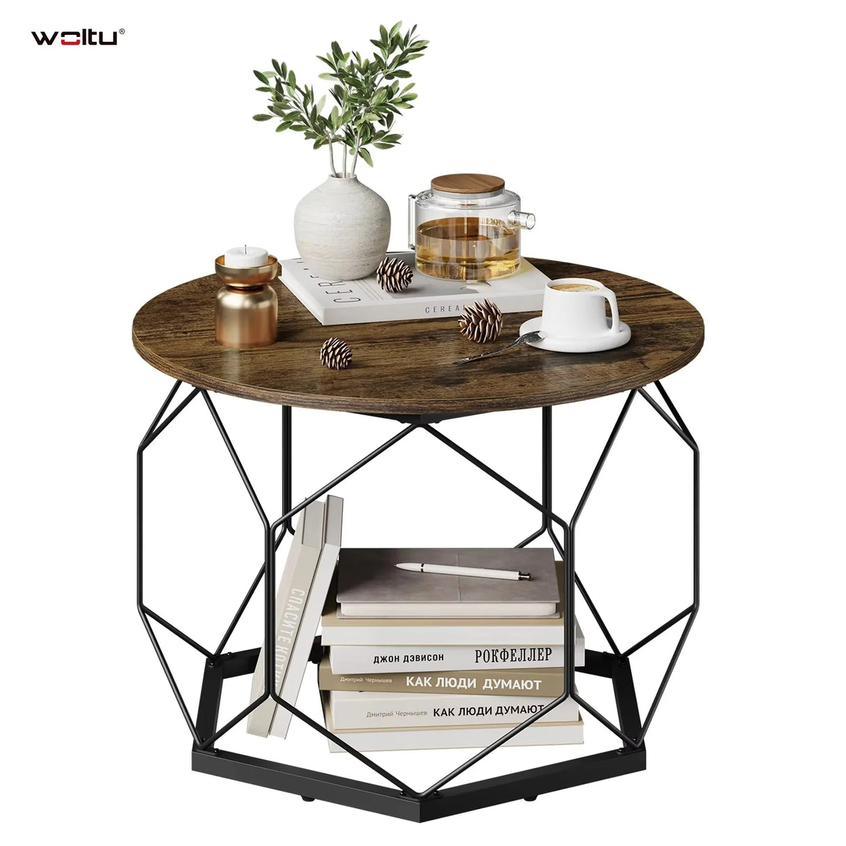 Ronde salontafel van BukkitBow met hout en metaal, industrieel design en verborgen opbergruimte voor moderne woonruimtes