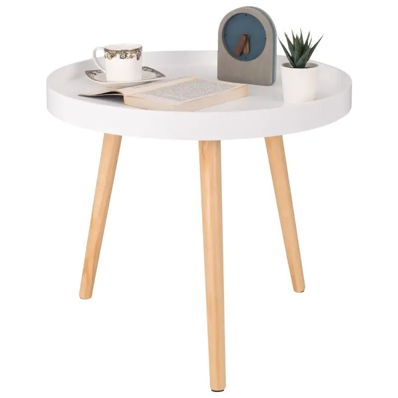 BukkitBow ronde bijzettafel met stabiele driehoekstructuur, verhoogde rand en 50 cm doorsnede, geschikt voor woonkamer decor.