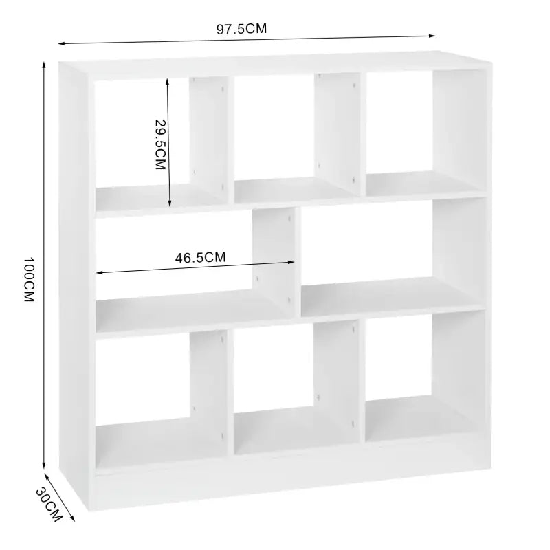 Ruime BukkitBow open boekenkast met 8 compartimenten, veilig ontwerp en veelzijdig gebruik, afmetingen 97,5x30x100cm.