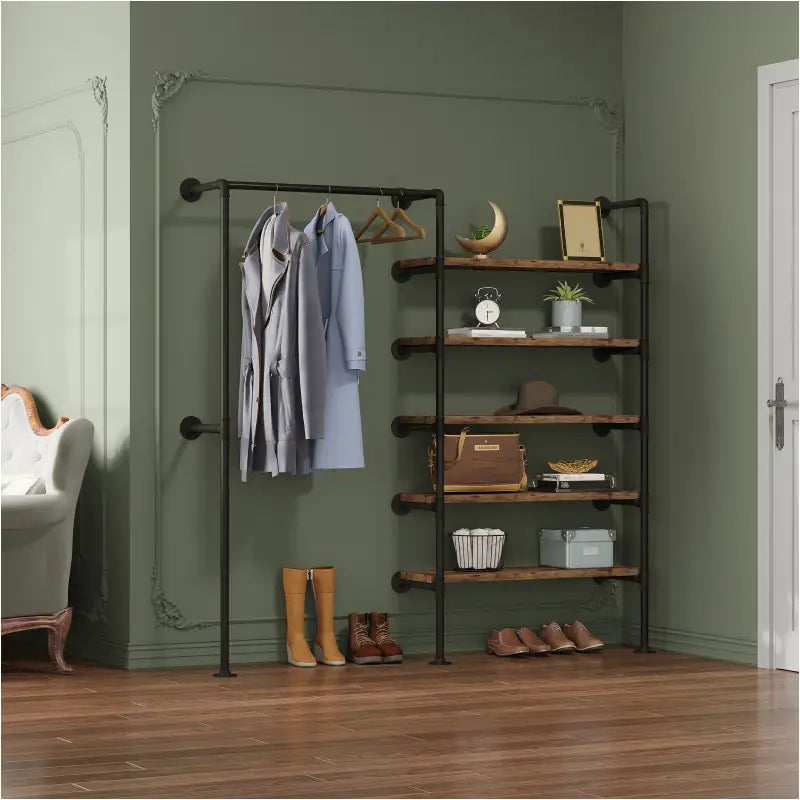 BukkitBow ruimtebesparend muur garderobe in zwart met vintage hout, industrieel kledingrek tot 150kg, afmetingen 187,5x35x184cm.