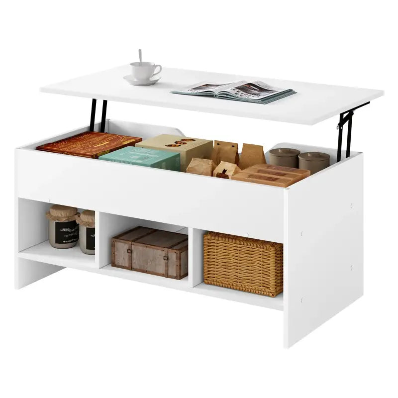 Witte BukkitBow bijzettafel met uitschuifbaar blad, opbergruimte en vakken, modern design, ideaal voor woonkamer of salon.