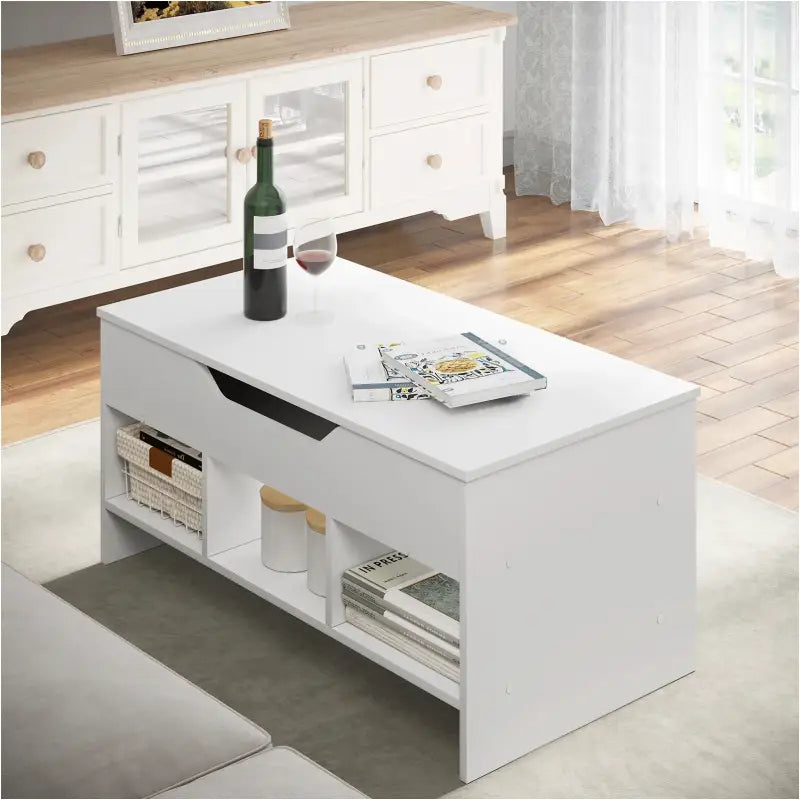 Witte BukkitBow salontafel met uitschuifbaar blad, opbergruimte en vakken, bijzettafel voor woonkamer en interieur.