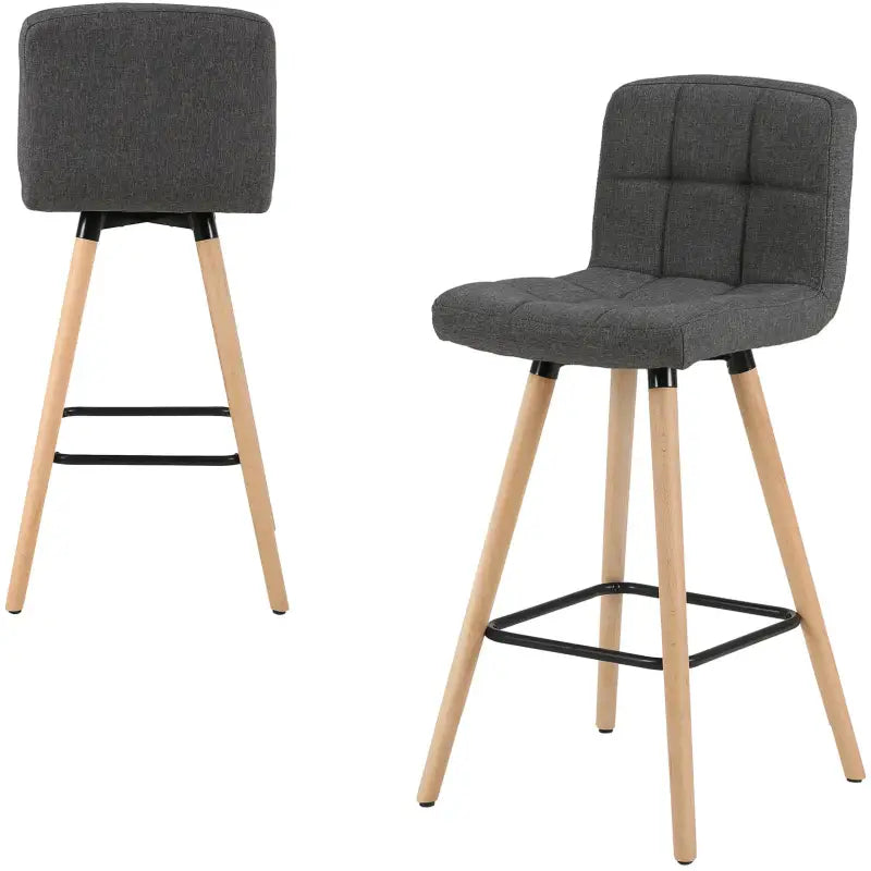 BukkitBow set van 2 barkrukken met massief houten poten, linnen zitting en vloerbescherming, ergonomisch ontwerp voor comfortabele zit.