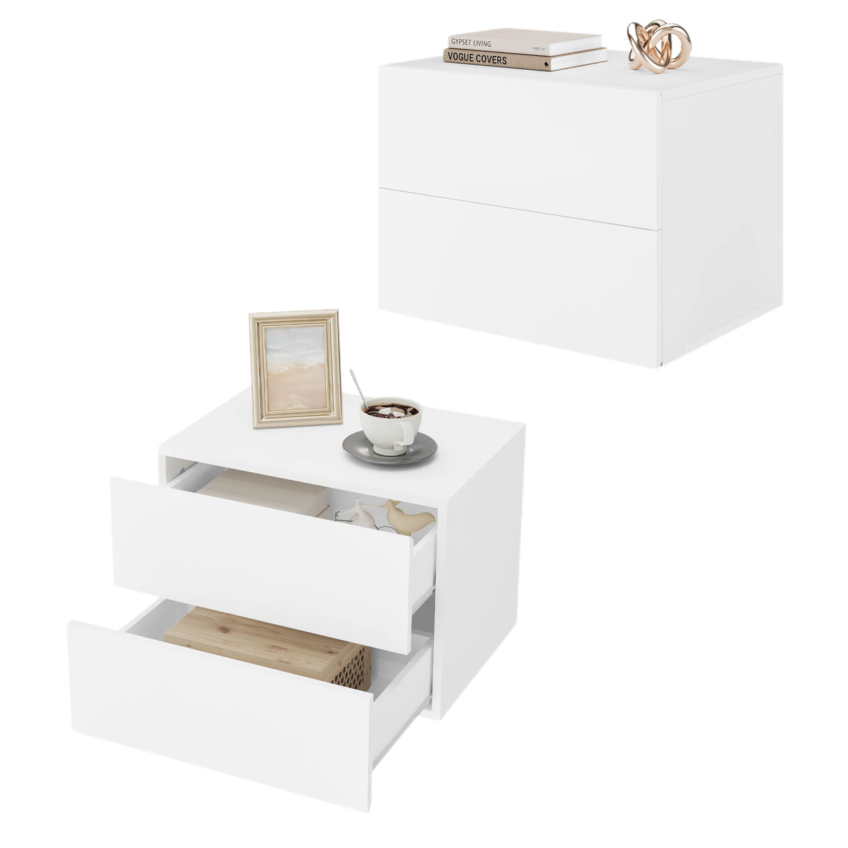 BukkitBow set van 2 nachtkastjes van bewerkt hout, zwevend en wandmontage met lade, modern en stijlvol nachtkastje.