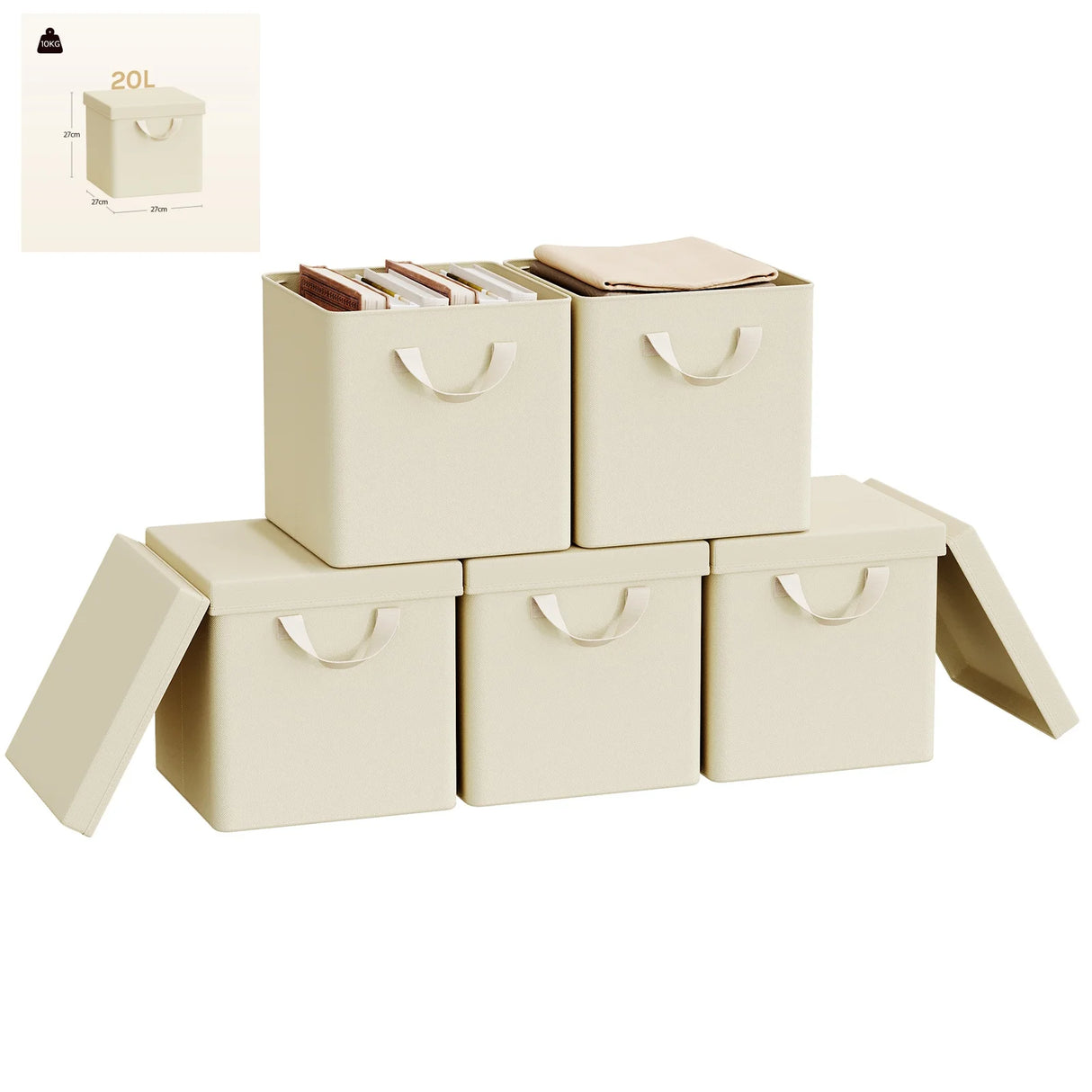 Set van 3 of 5 opvouwbare stoffen opbergdozen van BukkitBow met deksel, ideaal voor organisatie en opslag.