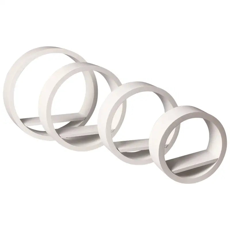 Set van 4 ronde hangende boekenplanken van BukkitBow in MDF, verschillende maten, diepte 8,8 cm, geschikt voor decoratie en boeken.