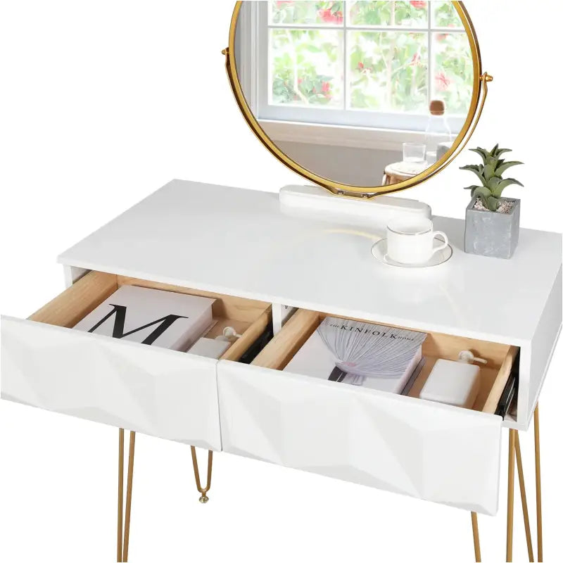BukkitBow kaptafel en kruk van massief hout met metalen poten en spiegel, stijlvolle en functionele meubelset voor in de slaapkamer