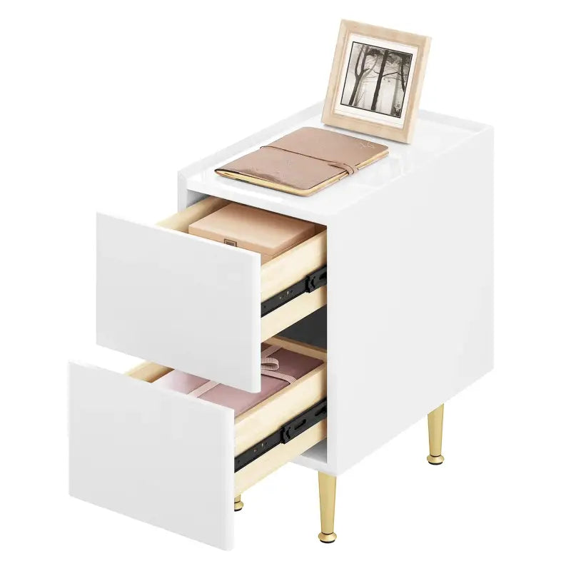 BukkitBow smal nachtkastje met 2 laden, bijzettafel voor opbergruimte, modern design, houten afwerking, compact en functioneel