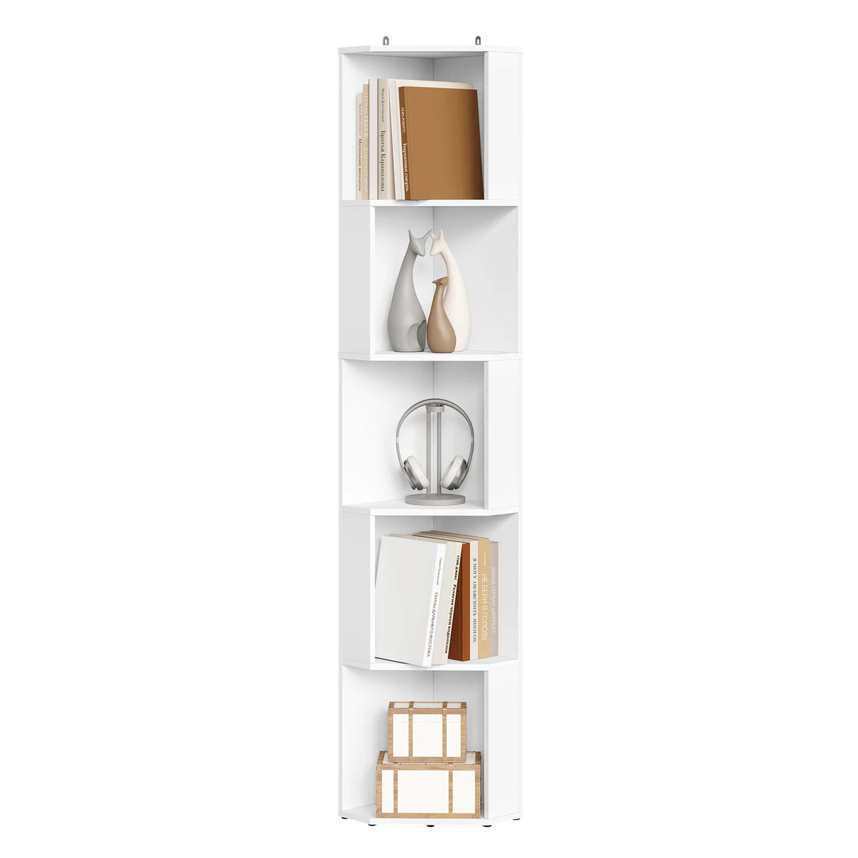 BukkitBow smalle hoekboekenkast met 5 open vakken, vrijstaand opslagrek voor woonkamer of kantoor, ruimtebesparend design