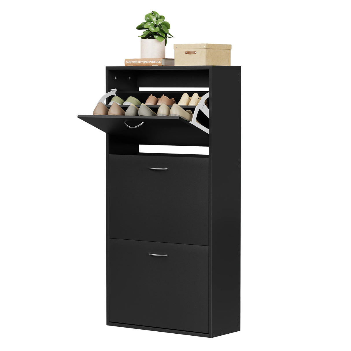 Witte en zwarte smalle hoge schoenenkast van BukkitBow met 3 kantelbakken, geschikt voor het opbergen van schoenen.