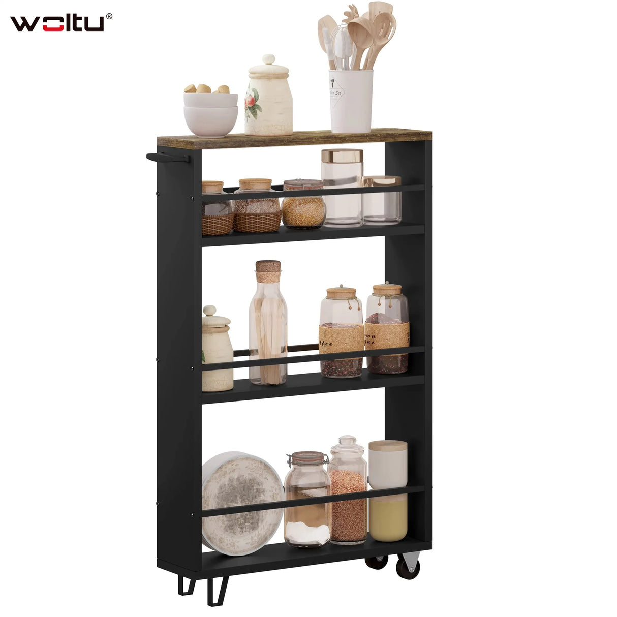 BukkitBow - Smalle Keukentrolley - 3 Lagen - Met Wielen & Rem - Houten Planken & Metalen Frame - Voor Keuken, Badkamer & Kantoor