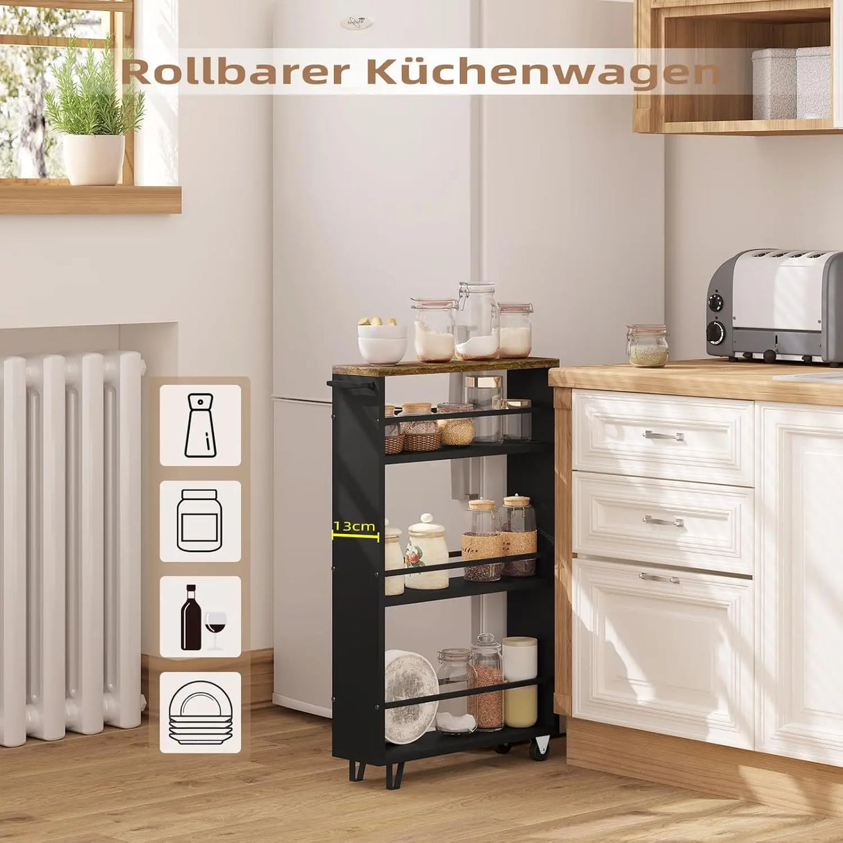 BukkitBow - Smalle Keukentrolley - 3 Lagen - Met Wielen & Rem - Houten Planken & Metalen Frame - Voor Keuken, Badkamer & Kantoor