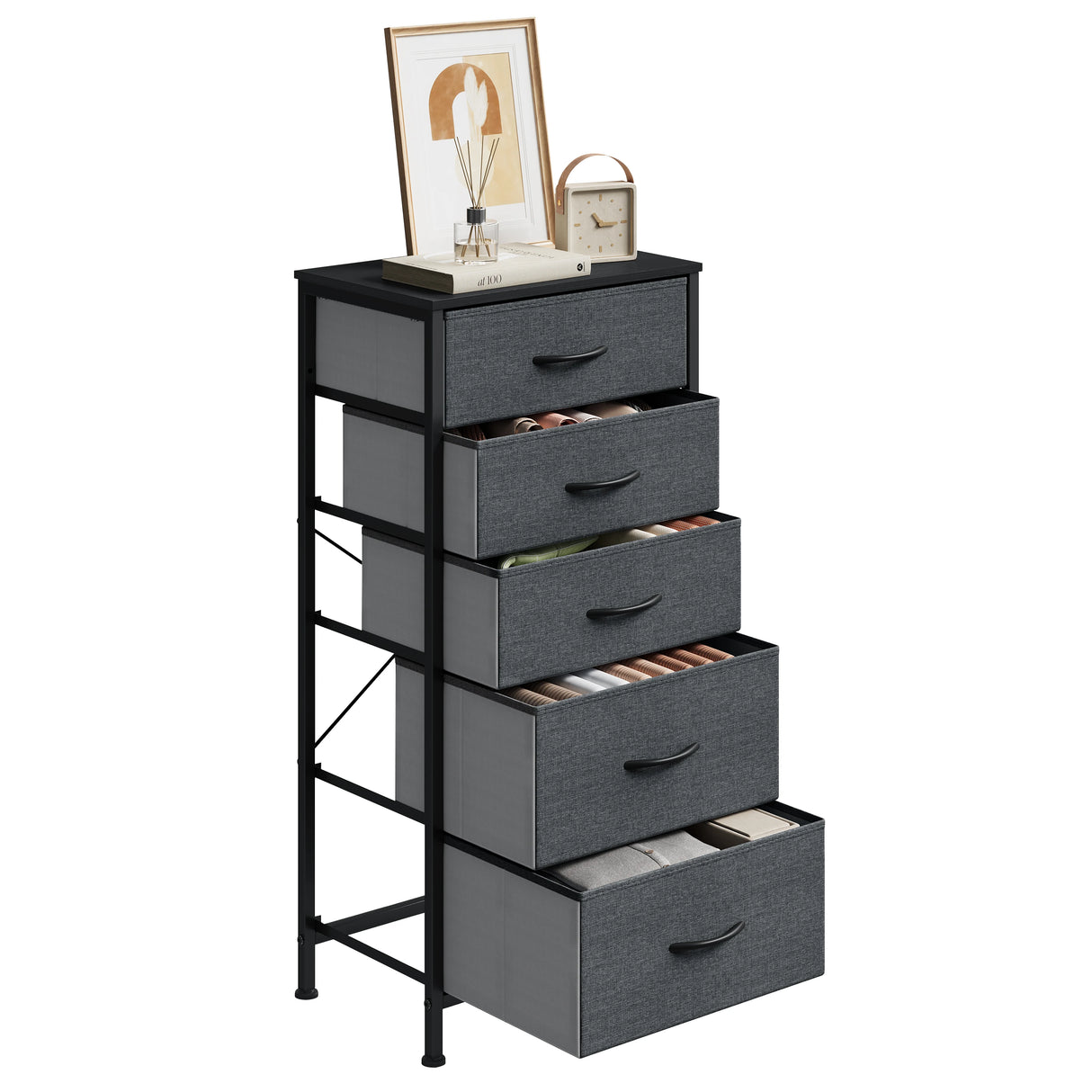 BukkitBow smalle vrijstaande ladekast met vijf stoffen lades, stevig metalen frame, geschikt voor slaapkamer en woonkamer.