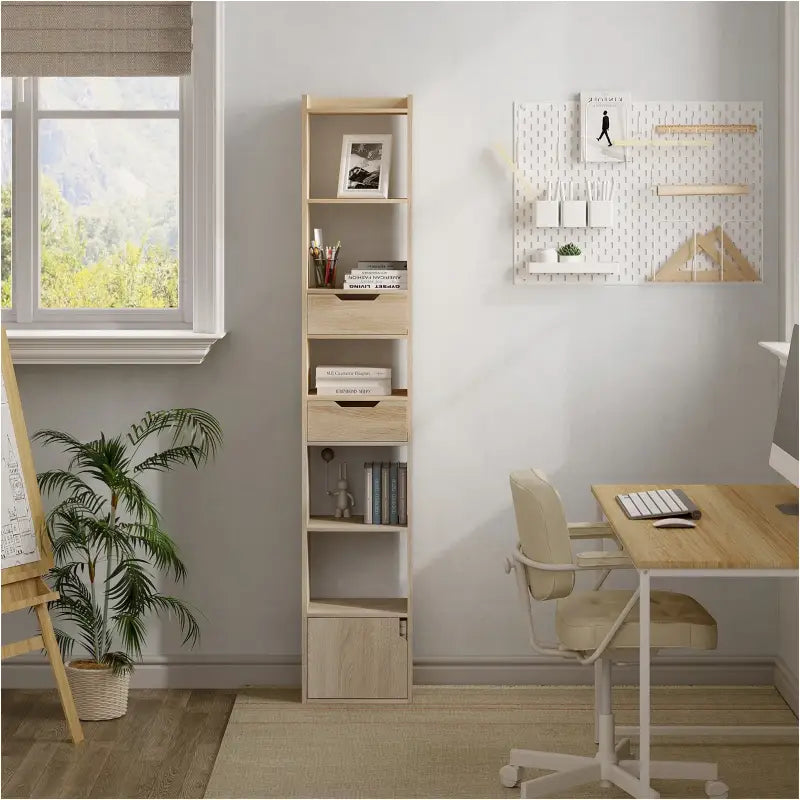 BukkitBow staande boekenkast van eikenhout met melamine fineer, ruime opbergkast met deur en laden, modern design