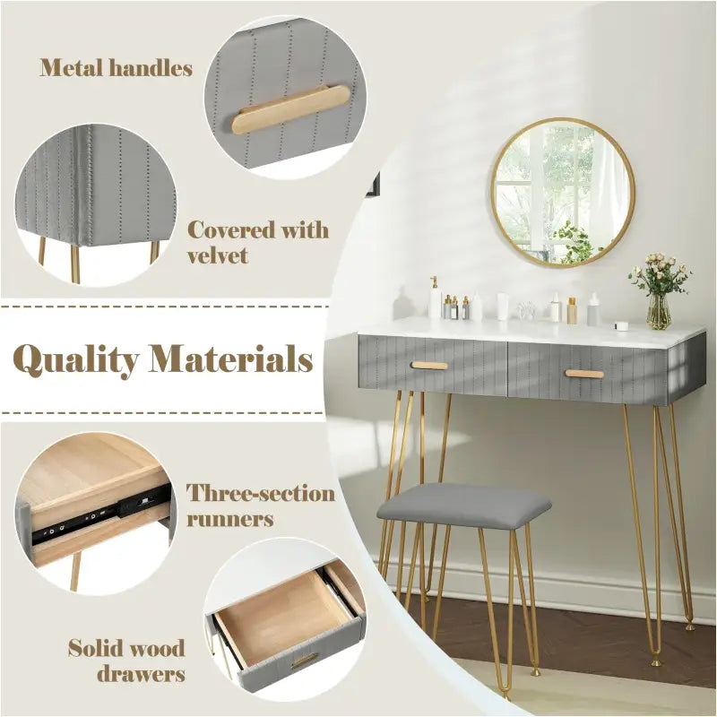 BukkitBow kaptafel set met spiegel, kruk, goudkleurige details, stevig metalen frame en fluwelen afwerking, 80x77,5x40 cm