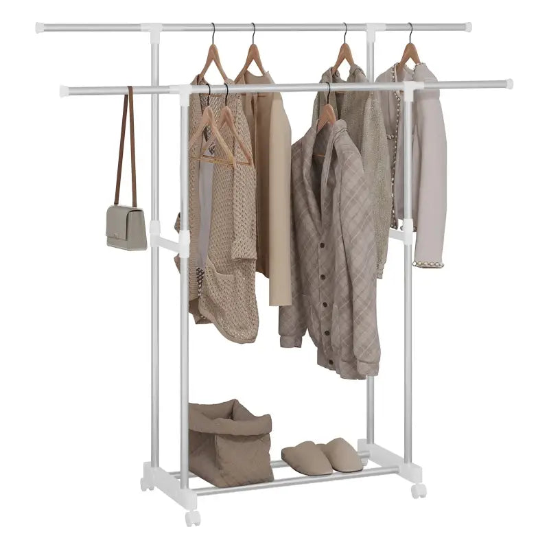 BukkitBow uitschuifbaar kledingrek op wielen, roestvrij staal, verstelbaar, draagbaar, met enkele of dubbele hangende stang.