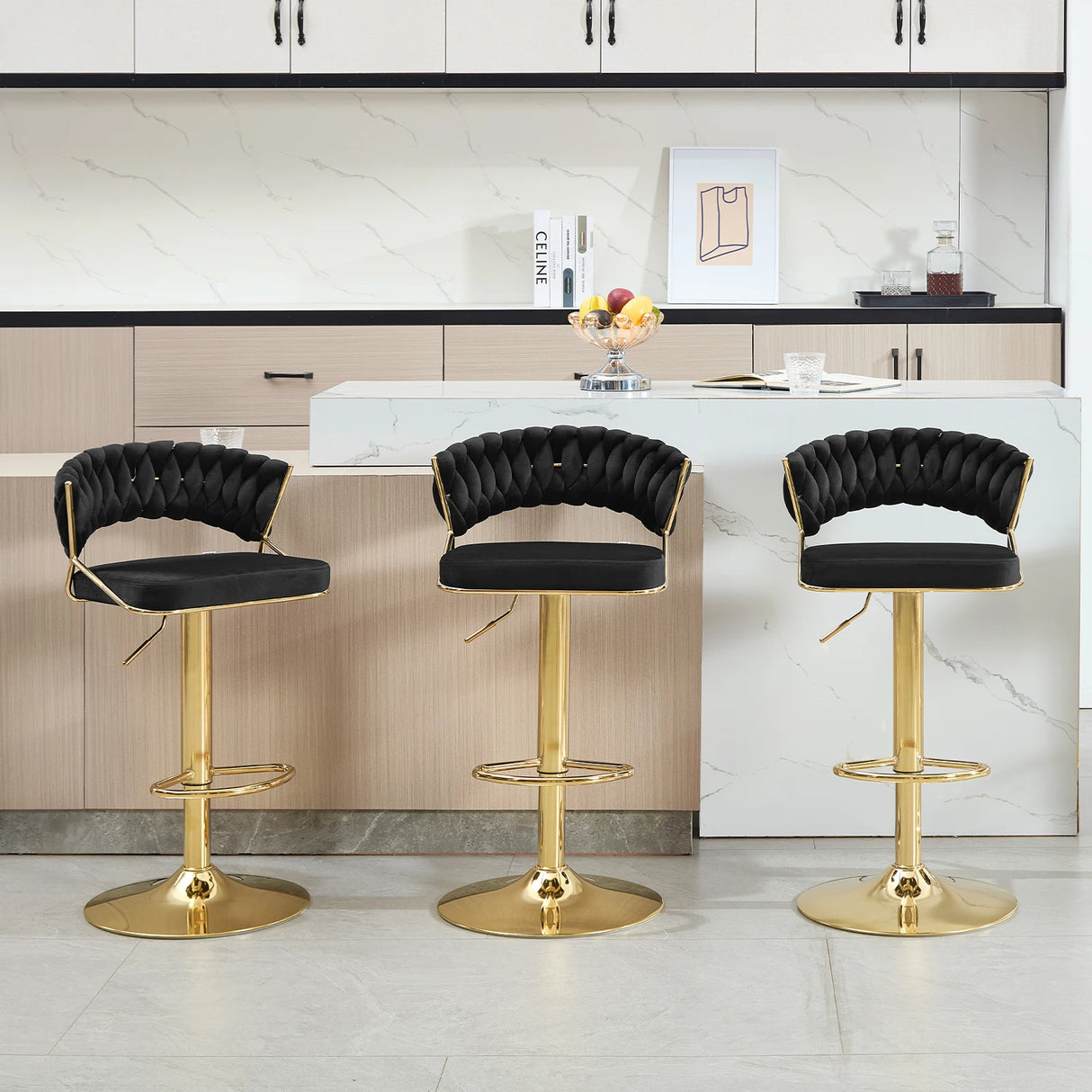 BukkitBow velvet barkruk met verstelbare hoogte, handgeweven rugleuning, 360° draaibaar metalen onderstel, geschikt voor keuken en bar.