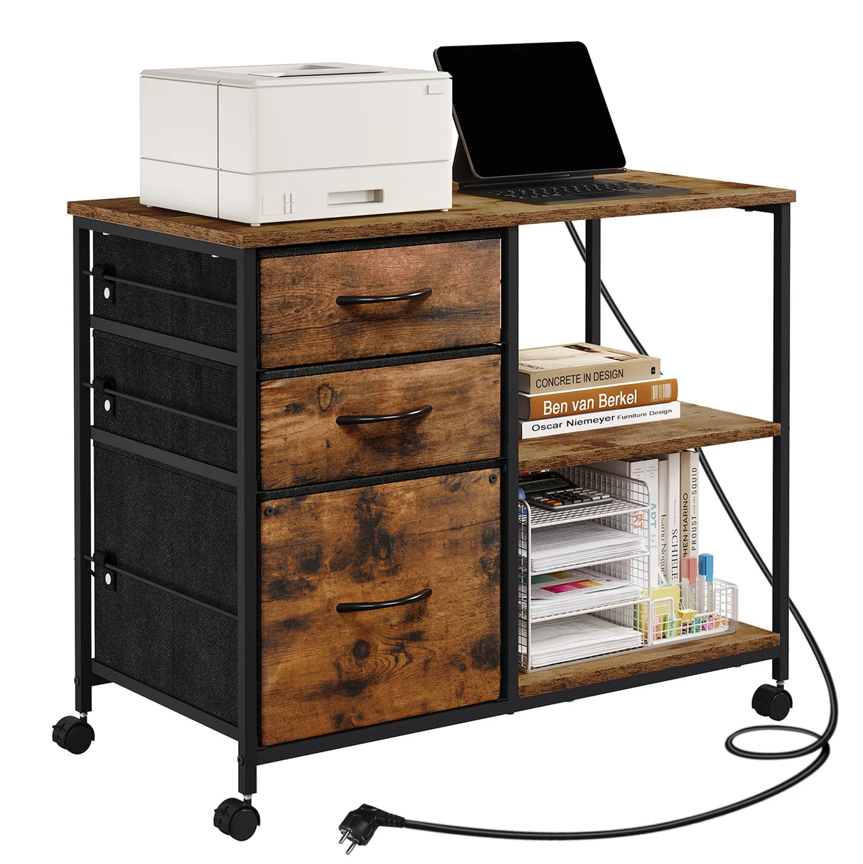 BukkitBow verrijdbare houten archiefkast met laadstation en lade voor opslag, flexibel en praktisch voor kantoor of werkruimte.