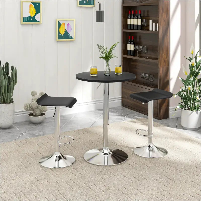 Verstelbare BukkitBow bartafel met MDF en metaal, zwarte/witte afwerking, stabiele chrome basis, 60 cm diameter.