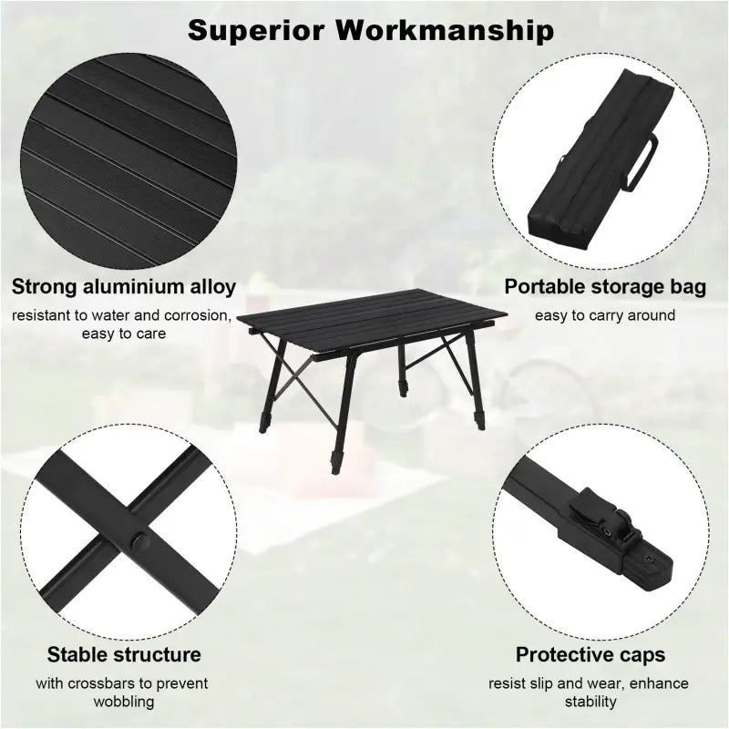 BukkitBow verstelbare campingtafel met oxford opbergzak, lichtgewicht, compact, 15kg draagkracht, 90x52.2x(45-72)cm