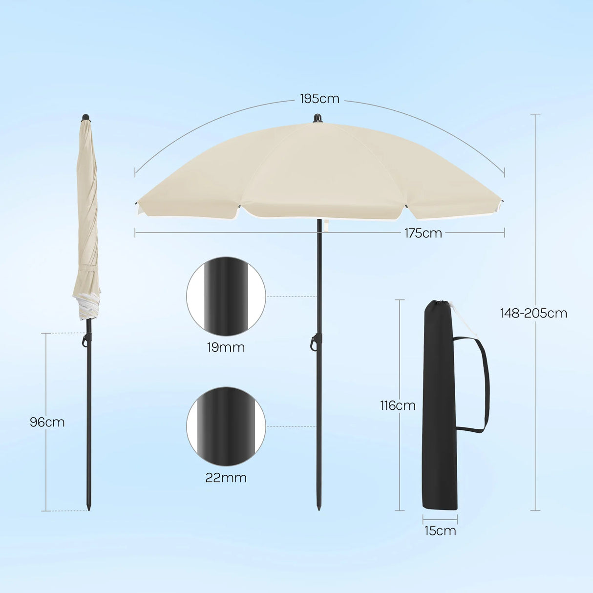 BukkitBow verstelbare parasol met kantelfunctie, draagtas en UPF 50+ bescherming, zichtbaar met open parasol en draagtas.