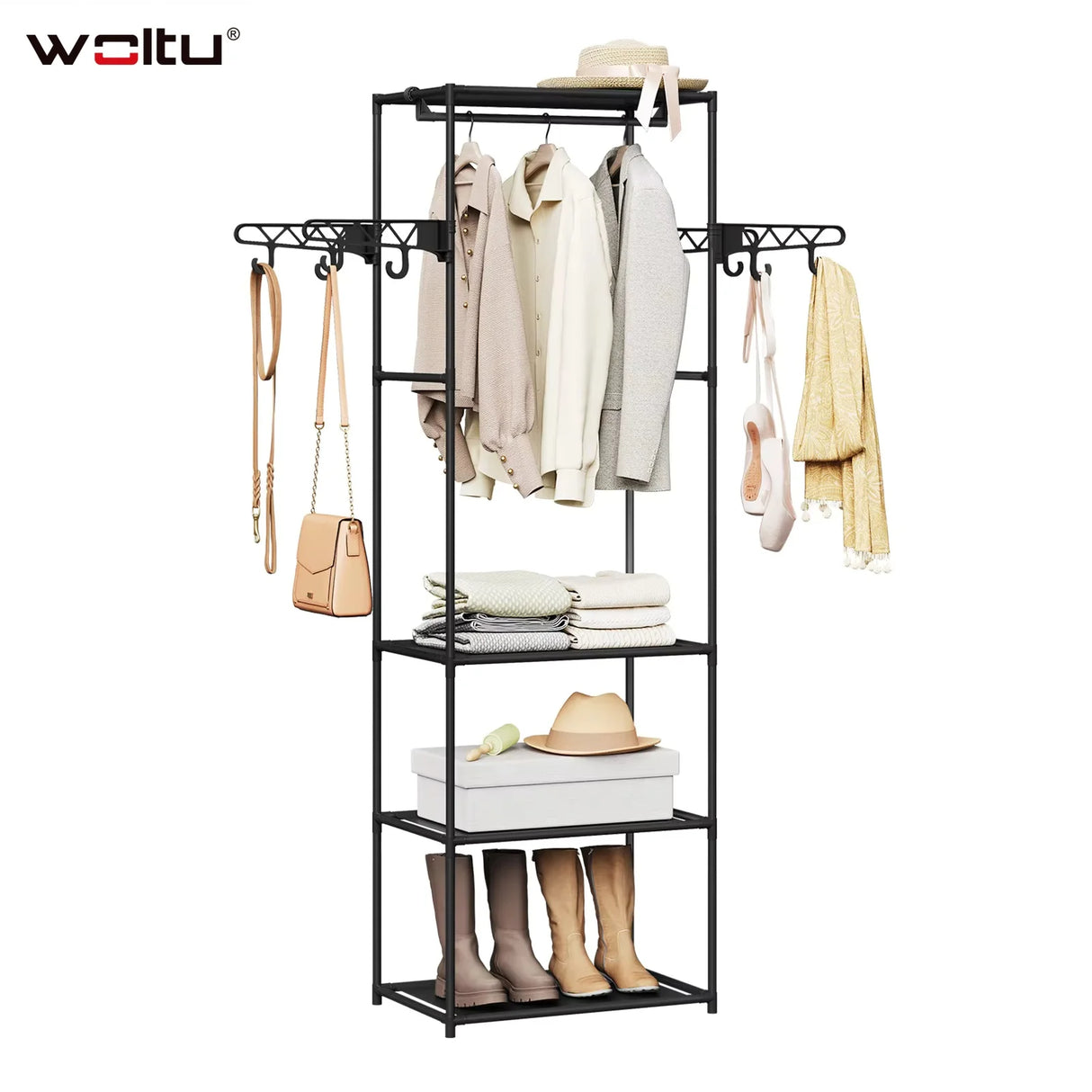 BukkitBow vrijstaand kledingrek met metalen frame, haken en legplanken voor slaapkamer of hal, open garderobe, modern design