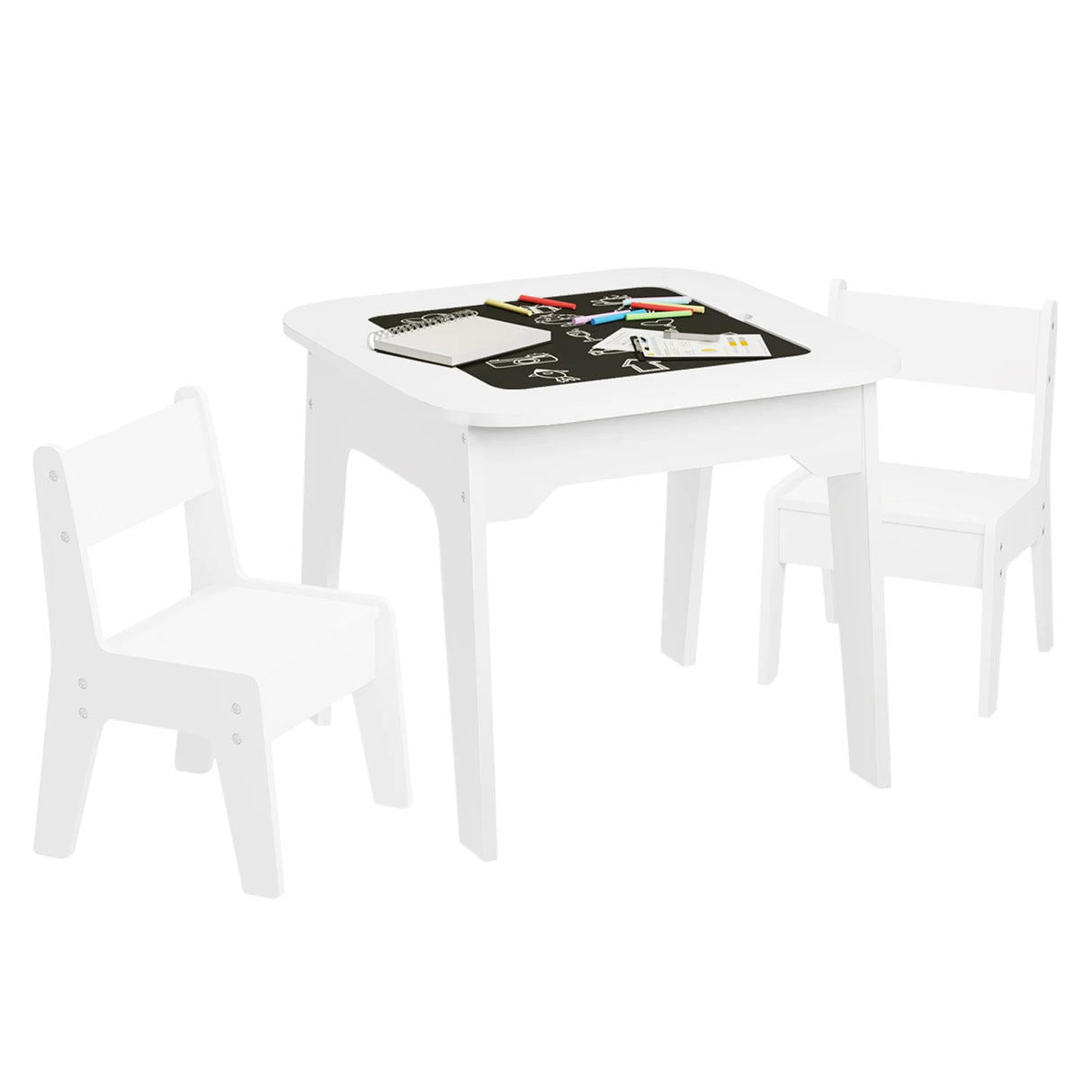 Witte BukkitBow kindertafel met 2 stoeltjes, dubbelzijdig tafelblad en opbergruimte, geschikt voor kinderen, natuurlijke sfeer