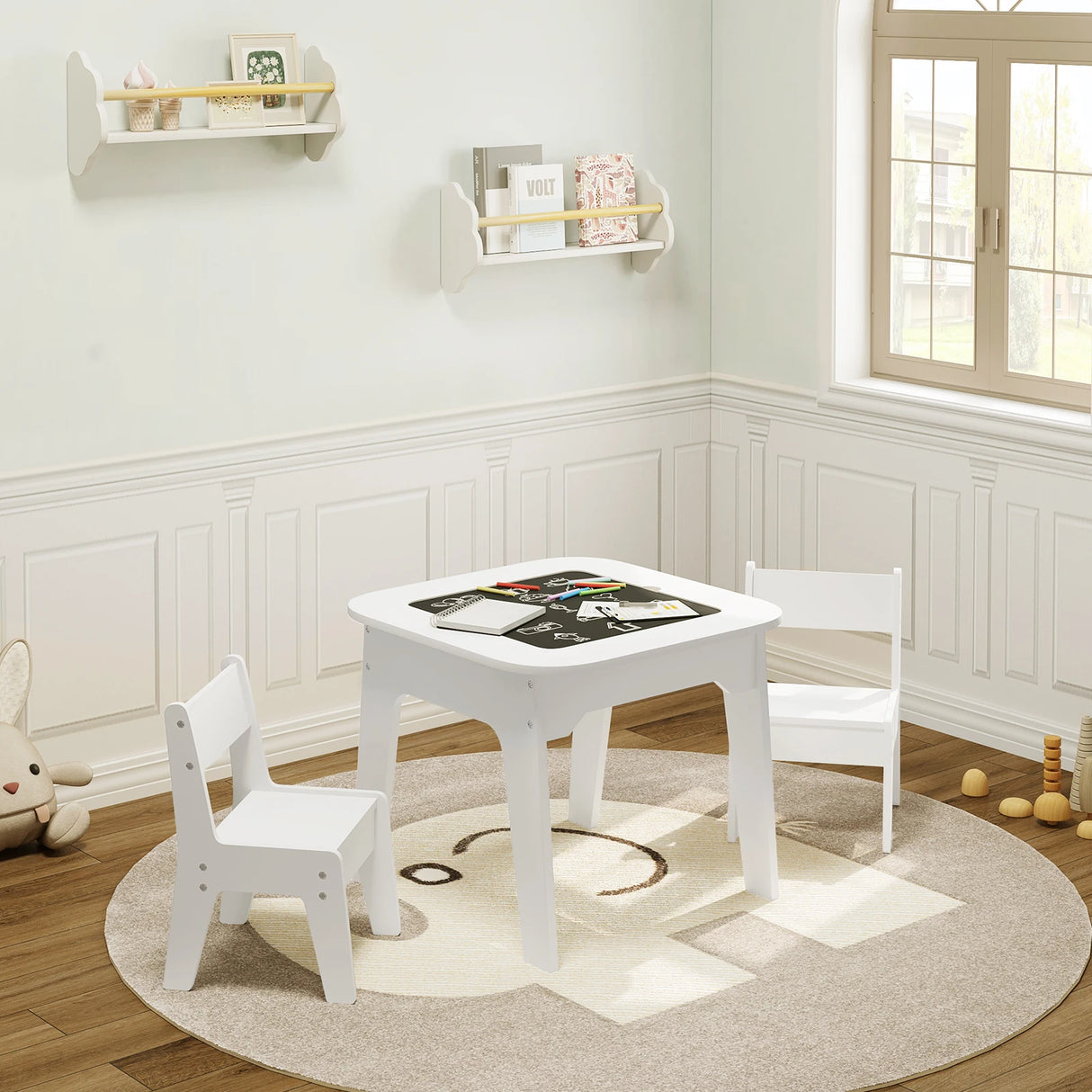 Witte BukkitBow kindertafel met 2 stoeltjes, dubbelzijdig tafelblad en opbergruimte, geschikt voor kinderen, moderne speeltafel