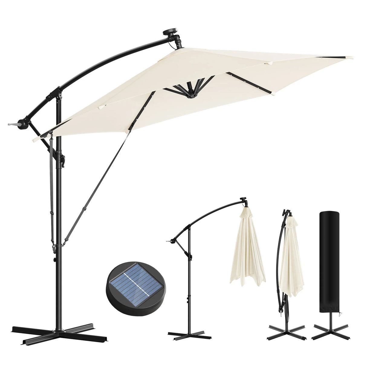 BukkitBow zwevende parasol met solar LED-verlichting, 360° draaibaar, stijlvolle buitenparasol voor tuin of terras