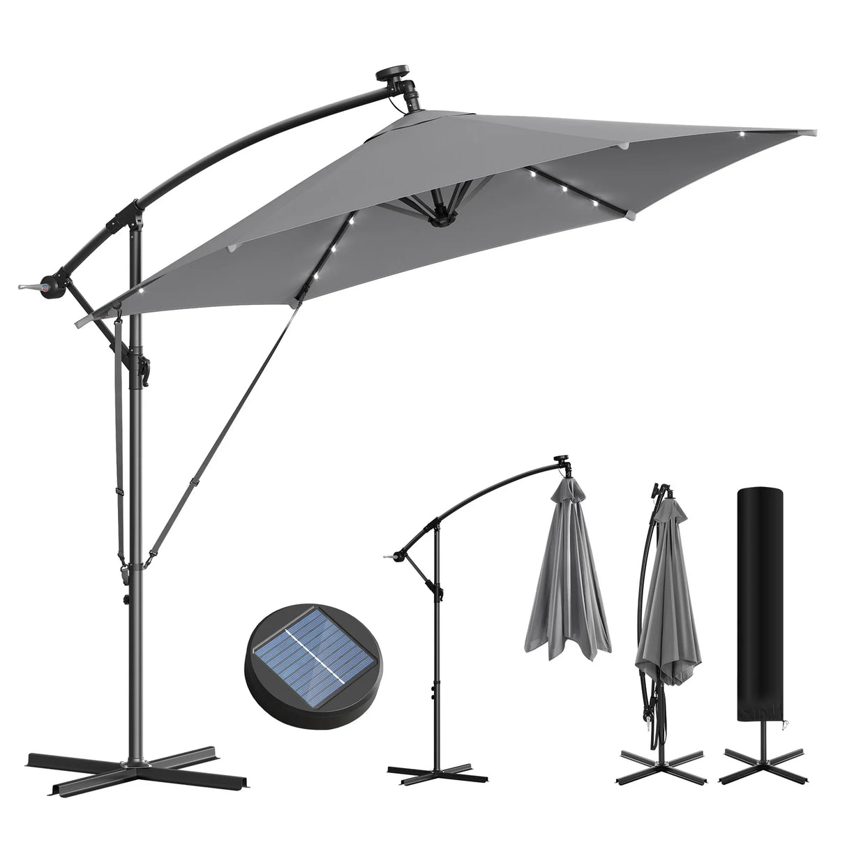 BukkitBow zwevende parasol met solar LED-verlichting en 360° draaibare functionaliteit, geschikt voor buitengebruik.