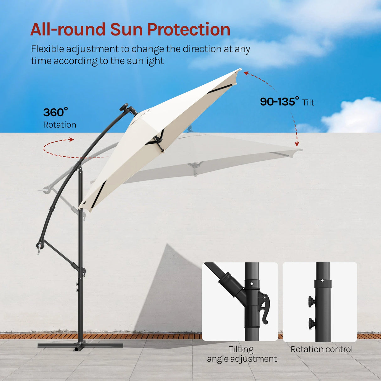 Zwevende parasol van BukkitBow met solar LED-verlichting en 360° draaibare functie, geschikt voor buitengebruik