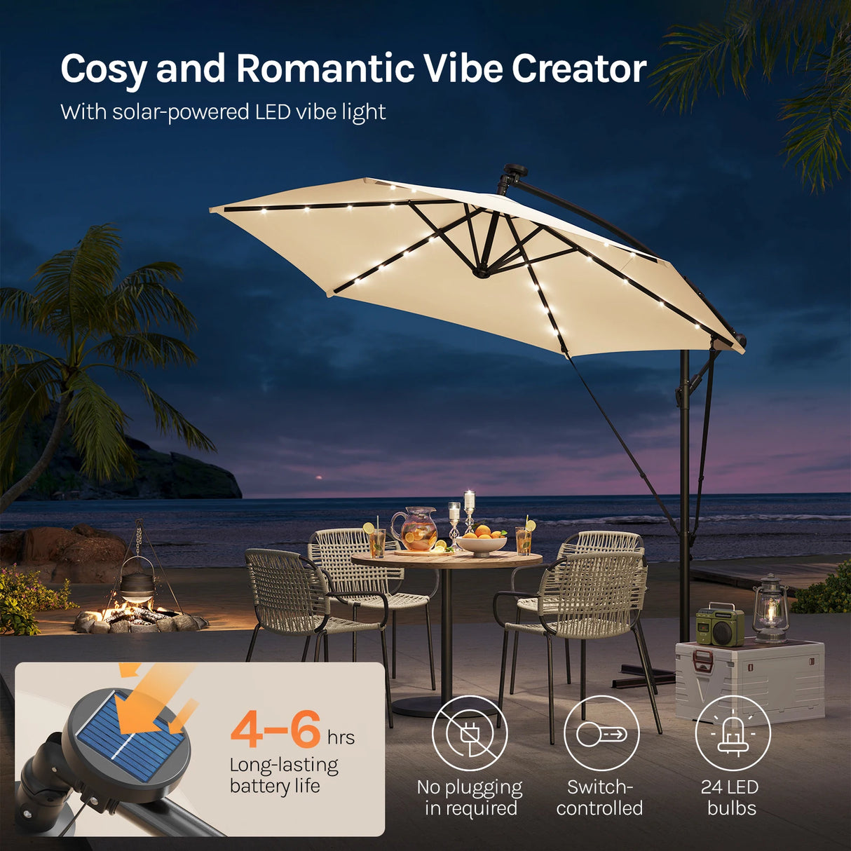 BukkitBow zwevende parasol met solar LED-verlichting en 360° draaibare functie, stijlvolle buitenparasol in tuin of terras
