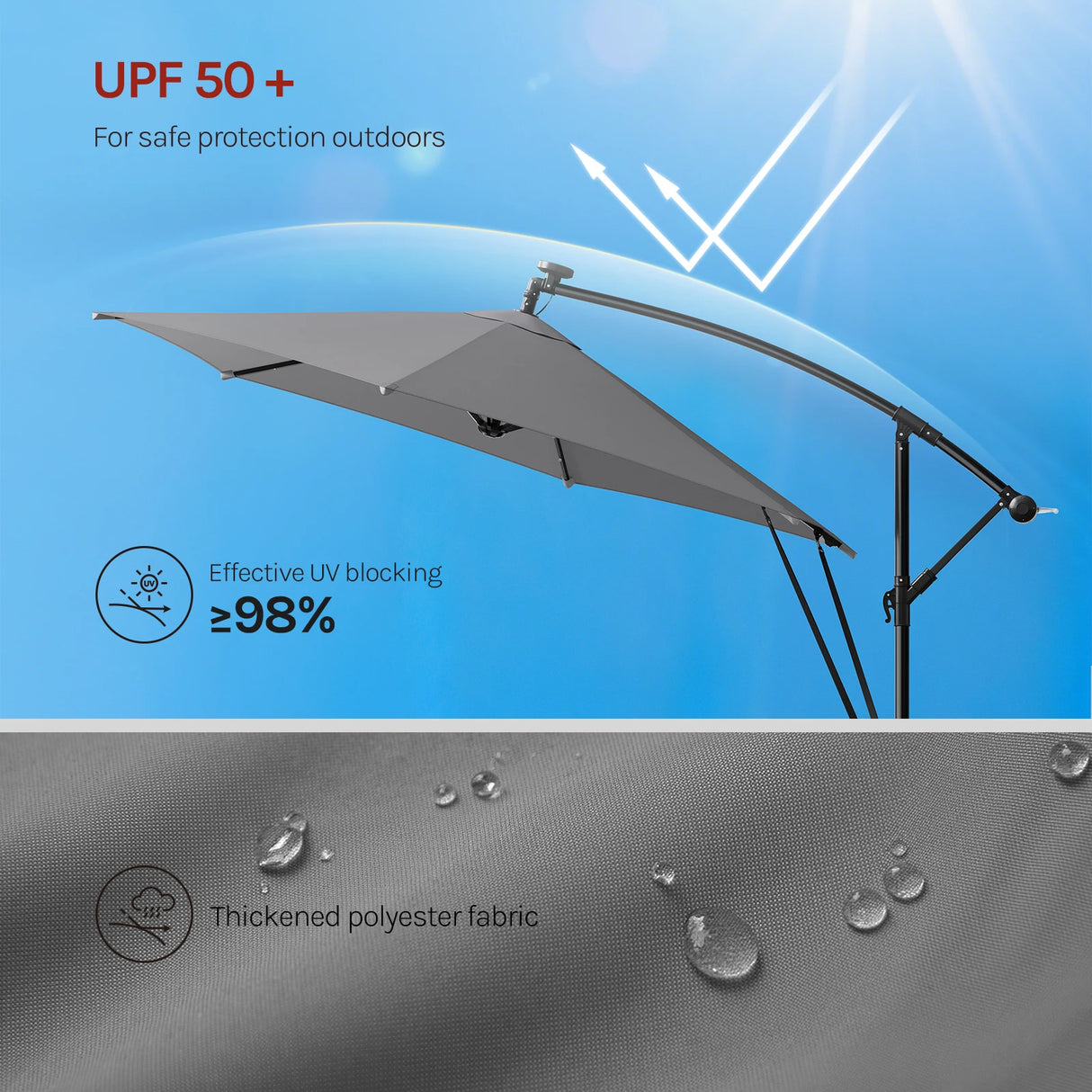 Zwevende BukkitBow parasol met solar LED-verlichting en 360° draaibaar ontwerp, geschikt voor buitengebruik, in een tuinsetting