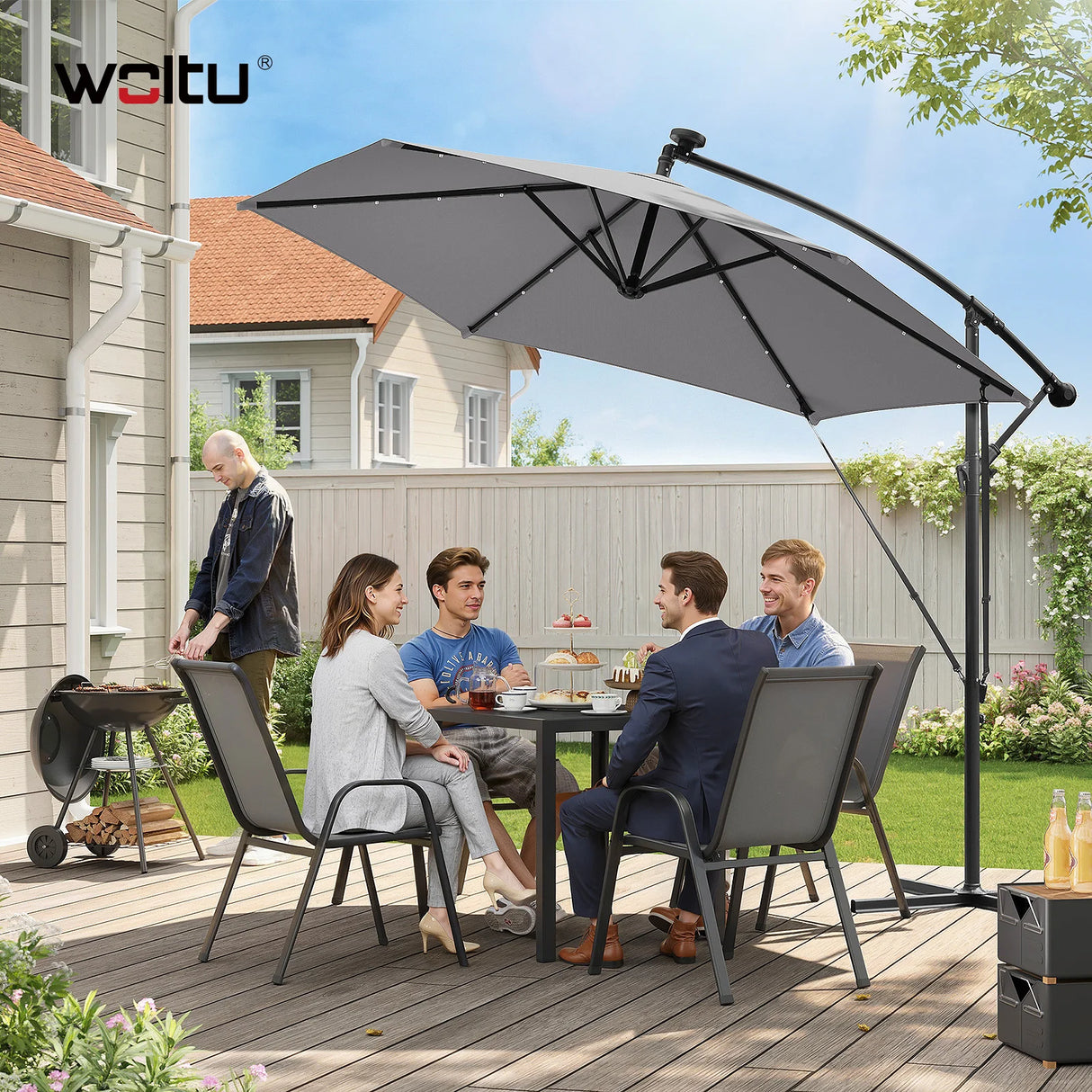 BukkitBow zwevende parasol met solar LED-verlichting en 360° draaibaar ontwerp, buitengebruik, stijlvolle tuinparasol