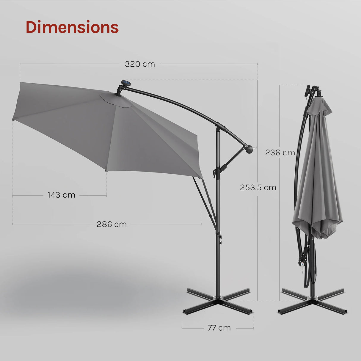 Zwevende BukkitBow parasol met solar LED-verlichting en 360° draaibare functie, biedt schaduw en sfeervolle verlichting buiten