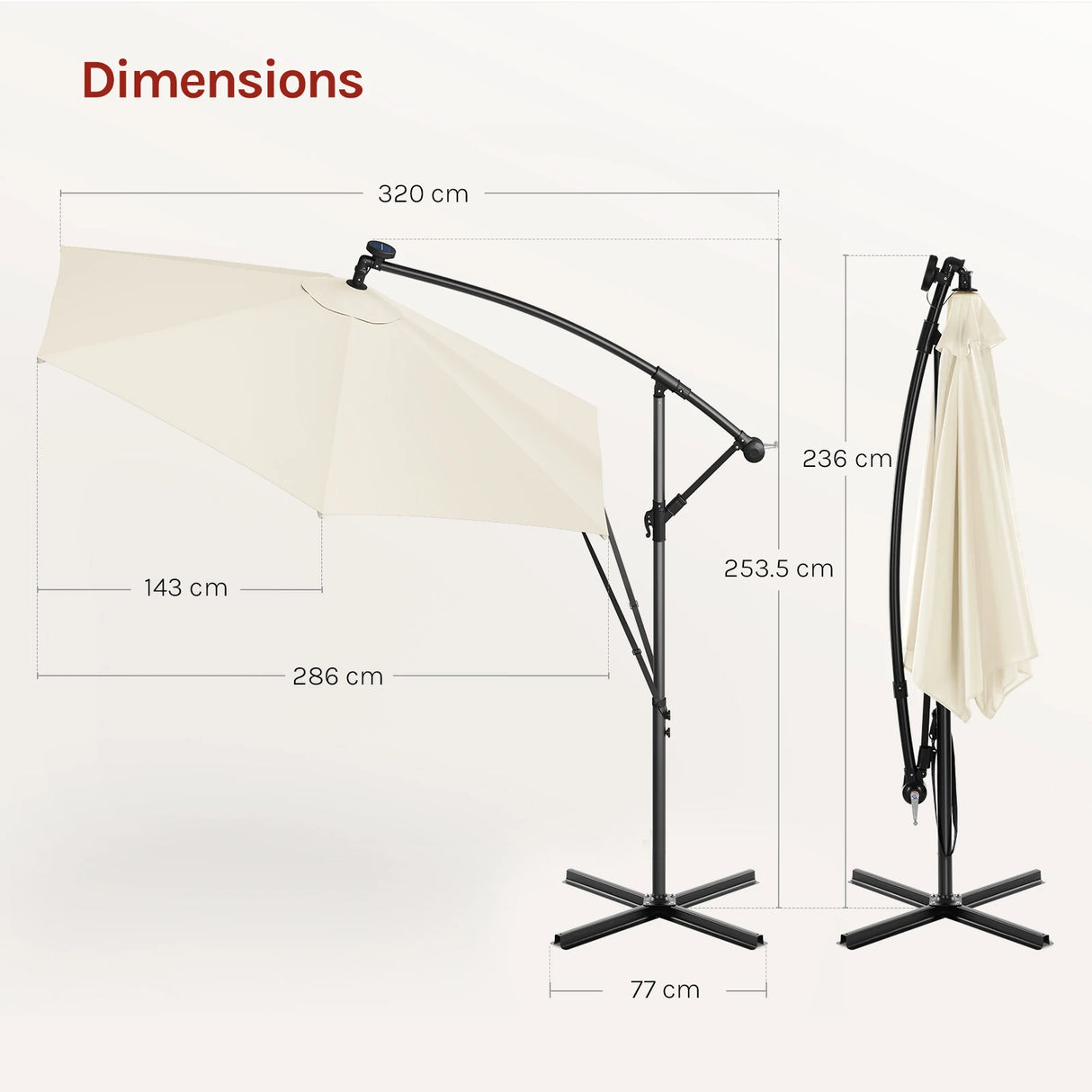 BukkitBow zwevende parasol met solar LED-verlichting en 360° draaibaar frame, perfect voor zonnige buitenruimtes.
