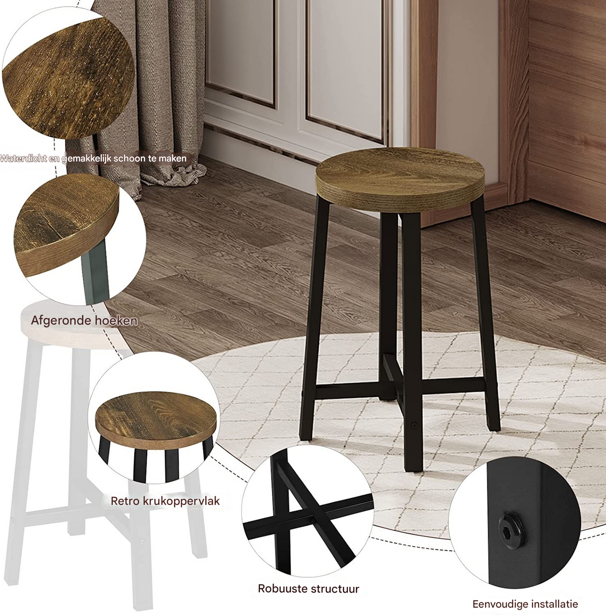 BukkitBow - Set van 2 Vintage Industriële Krukken - met Bewerkt Hout en Metalen Frame - Zithoogte: 46CM